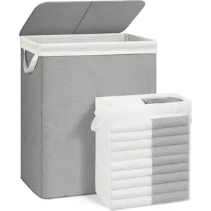 Double Laundry Hamper with Lid, 140L Tall Metal Frame Laundry Baskets with Removeable Bag, Large Clothes Hamper with PU Tag, Laundry Bin for Dorm, Collage, Bathroom, Bedroom, Gray