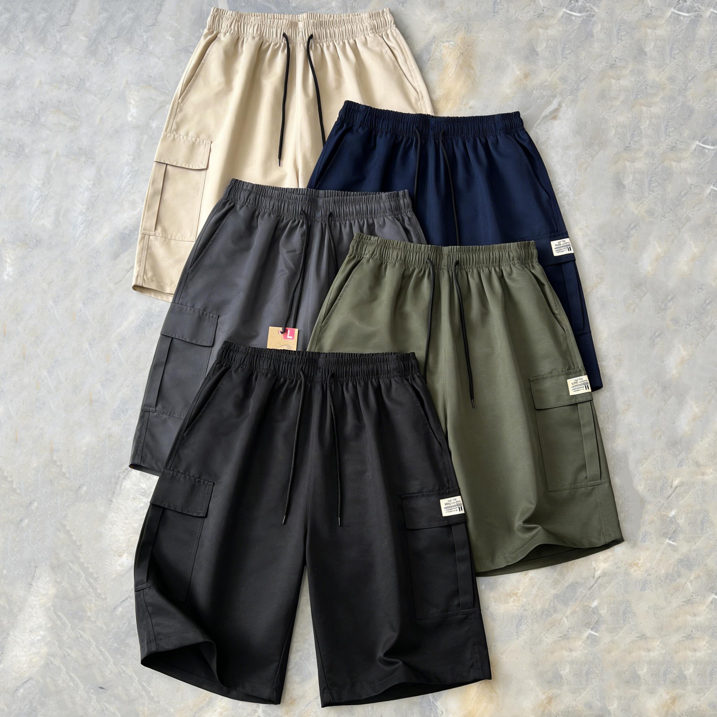 5-pack men’s cargo shorts for summer—loose fit with elastic waistband and drawstring, large side pockets and patch details, windproof breathable fabric, made from wear-resistant material; ideal for casual summer outdoor wear and a wardrobe essential for s
