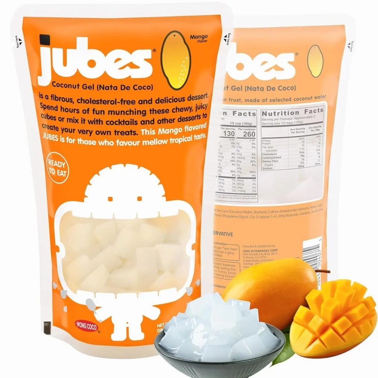 Jubes Mango Nata De Coco Jelly Cubes 12.7 oz - Mango Coconut Jelly Cubes for Sago - Coconut Gel in Syrup Toppings for Fruit Tea, Boba, Bubble Tea, Drinks, Desserts Yogurt, Ice Cream, Beverage