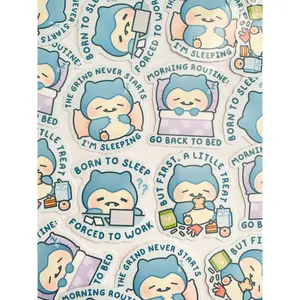 Chubby Bear Waterproof Stickers Pack, Cute Kawaii Lazy Born Sleep Forced Work Treat Foodie Snacks Chibi Cozy Anime Cartoon Game Waterbottle