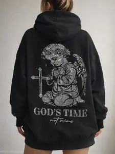 GOD'S TIME - BOY ANGEL - UNISEX BLACK PULL OVER HOODIE RHINESTONES