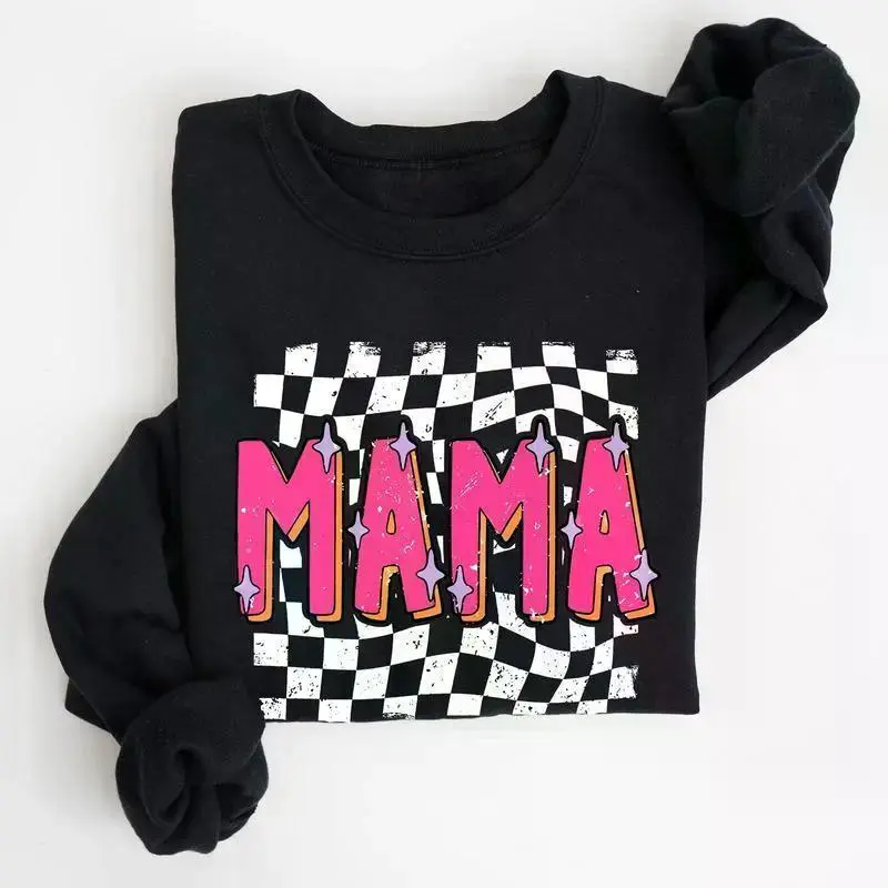 Mama Checkered Sweatshirt, Retro Vintage Vibrant Graphic Crewneck for Women, Trendy Colorful Mama Pullover Streetwear