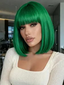 Short Bob Green Wig with Bangs for Women&Men, Heat Resistant Synthetic Wig, 12 Inch Straight Green Hair, Perfect for Party, Saint Patrick's Day Cosplay, Festival Use, Everyday Fashion Wig