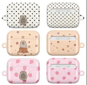 Kawaii Pusheen AirPods Case – Cute Polka Dot, Autumn Leaves & Strawberry Pattern Protective Cover for Apple AirPods ProPro 2Pro 3 & AirPods 1234 – Soft Shockproof Pink Beige Aesthetic Case, Cute Gift for Girls