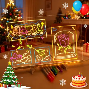 USB Powered LED Drawing Board with 7 Color Pens, Acrylic Message Board, Erasable Noteboard, Office Teaching Supplies, Wall Decor, Home Decor Light