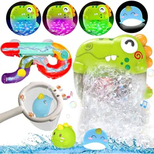 001-X Toddler Bubble Bath Toys, Light Up Bath Bubble Machine for Kids Age 1-3 3-5 Baby Bathtub Tub Toy Slide Track Dinosaur Bubbles Maker with Music Floating Animal Shower Water Toys Summer Gifts Boy Girl