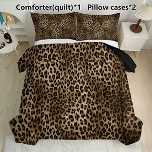 Leopard Print Quilt Set (1 Quilt + 2 Pillowcases), Soft Lightweight Breathable, All-Season Bedding, Includes Filling 200gsm, Home or Dorm Use, Bedding Sets