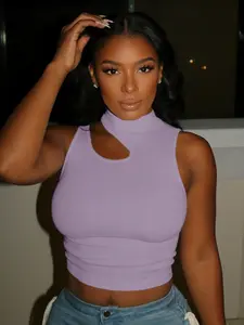 A women's casual solid color hollow vest with a semi high neck, slim fit, short cut, exposed navel, sleeveless, Elegant sleeveless knit, spicy girl top design, Womenswear, suitable for all seasons, home, indoor, and outdoor wear, Casual Chic Sleeveless