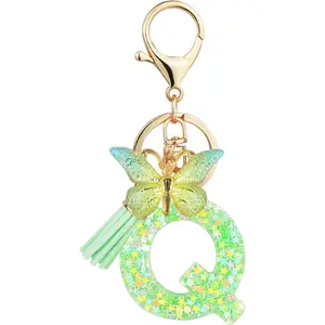 Initial Letter Keychain for Women Tassel Butterfly Pendant Key Ring Cute Car Keychain for Wallet Backpack Bag Charm