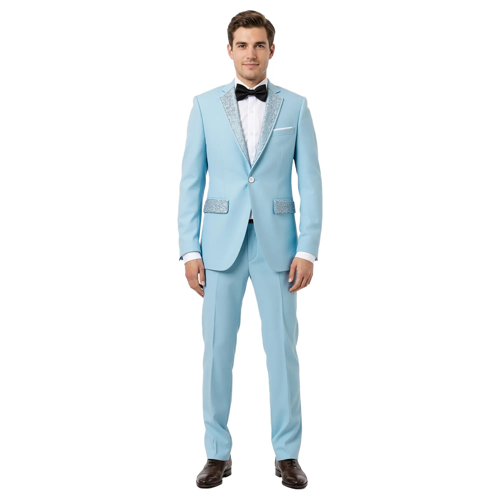 Men’s 2 Pcs Rhinestone Peak Lapel Suit, One Button Blazer & Pants Set, Premium Fabric Slim Fit Tuxedo for Wedding Prom Party