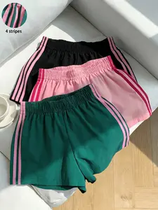 Women's Summer Side Striped Elastic Waist Loose Fit Shorts, Vintage Street Casual All over Print Shorts, Daily Wear Versatile Shorts