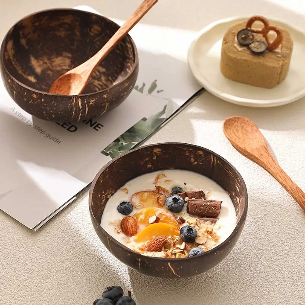 Coconut Bowl Set of 4 – 2 Natural Bowls + 2 Wooden Spoons | Handcrafted Handmade for Smoothie, Dessert, Poke & Fruit Bowl for Kitchen Counter | Boho Kitchenware Tableware