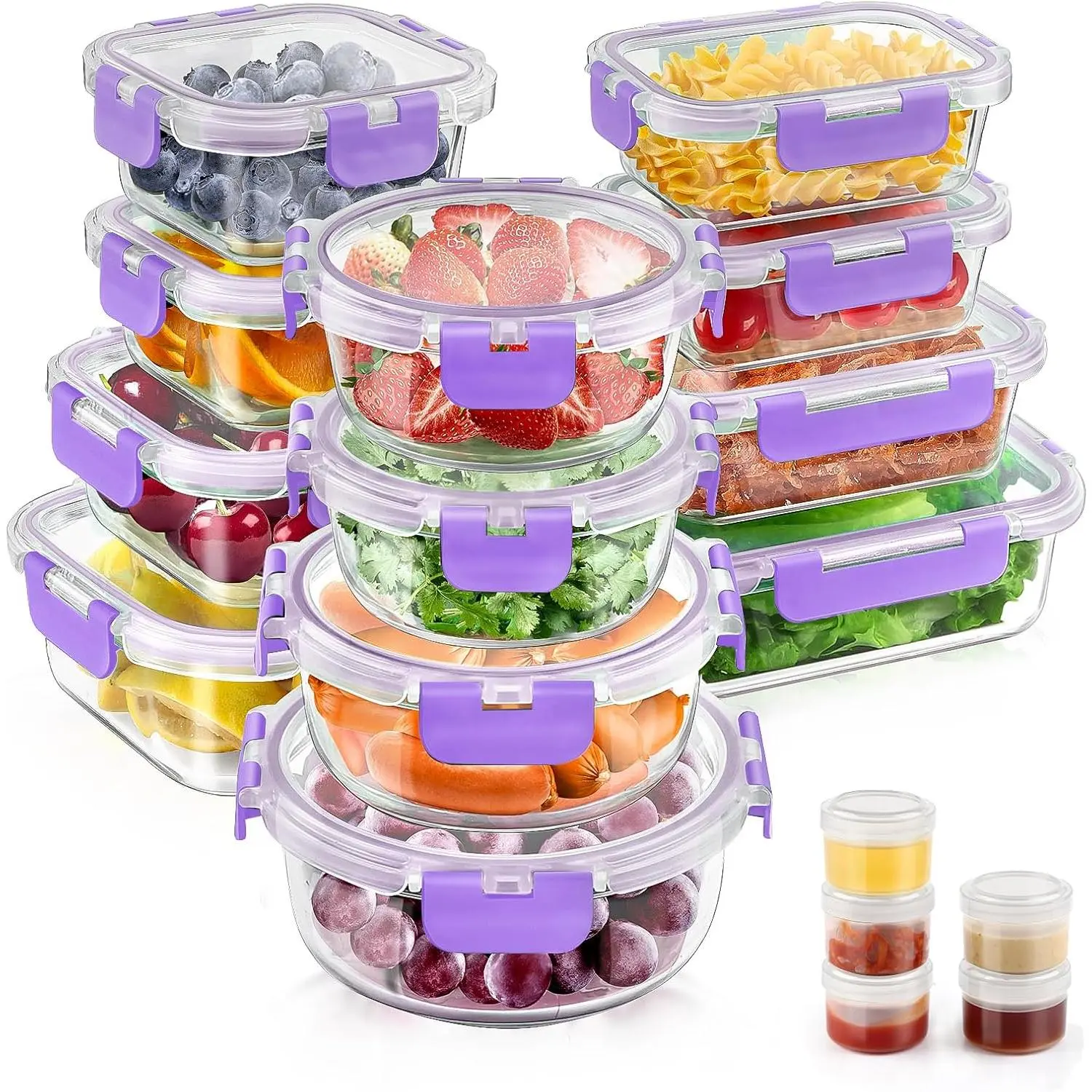 34 count Glass  Storage Containers with Lids Set, Airtight Glass Meal Prep Containers (17 Containers & 17 Lids), Leak Proof Lunch Containers , Microwave, Oven, Freezer, Dishwasher Safe-Purple