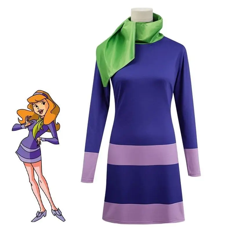 Daphne Costume Adult Women Halloween Costume Dresses Cosplay Outfits Long Sleeve Bodycon Purple Dress with Scarf
