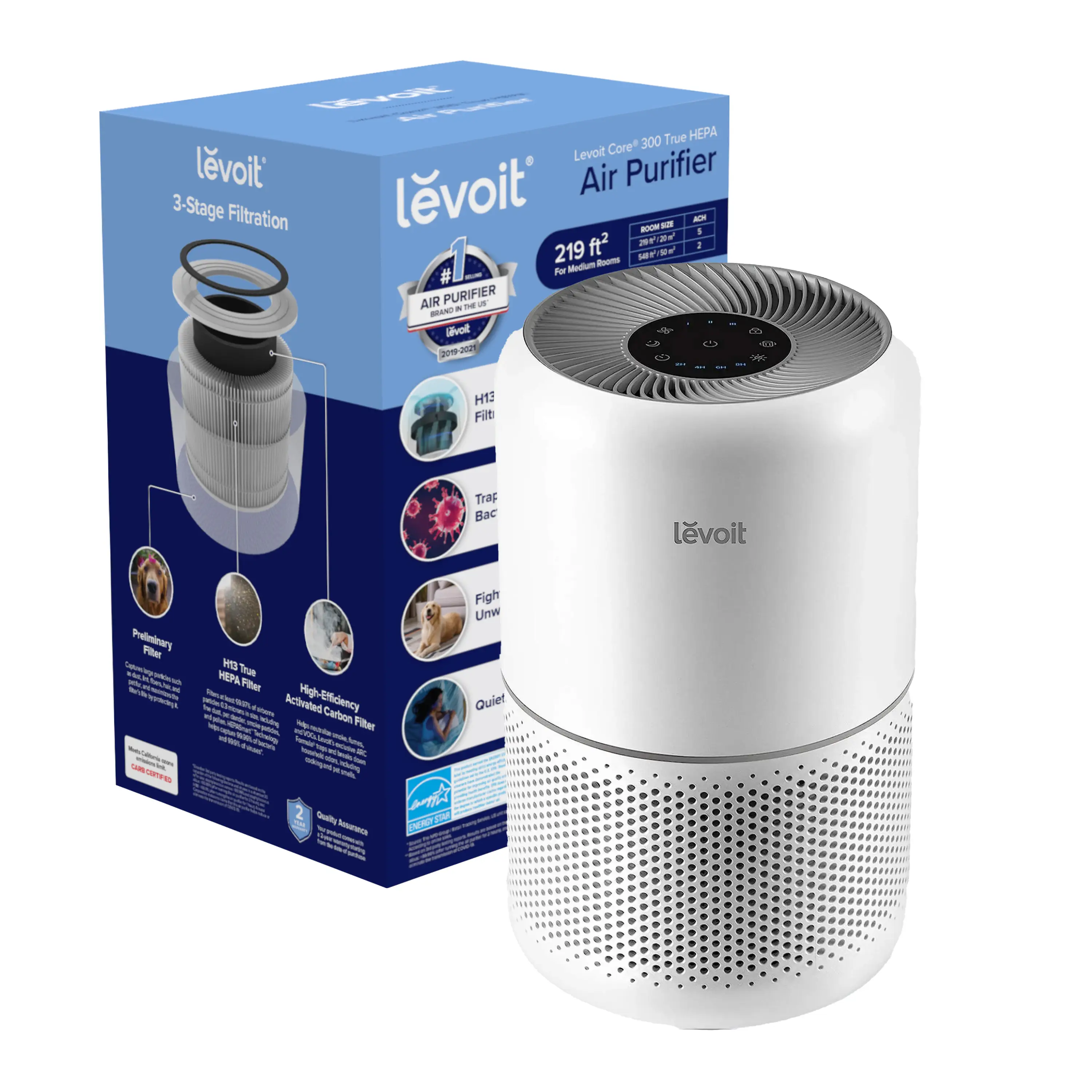 LEVOIT Core300 Air Purifier for Home in Bedroom, 3-in-1 Filter, Remove Viral, Allergies, Dust Smoke, Pets Hair, Pollutants Odor, Air Cleanser