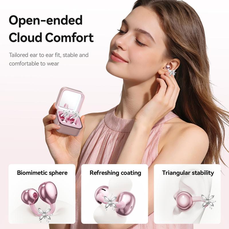 CHENRUIDA Open Ear Bluetooth Earbuds with Bow Ear Jewelry, Makeup Mirror Jewelry Case, Wireless Ear Clip Headphones, Perfect for Workouts, Office, Travel and Fashion Lifestyle