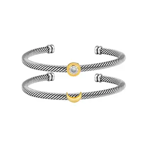 Aprilery Celestial Balance Sun & Moon Bracelet Set – Two-Tone Adjustable Cable Cuff Bangles with Sparkling Zircon Accents, Symbolizing Spirituality and Love