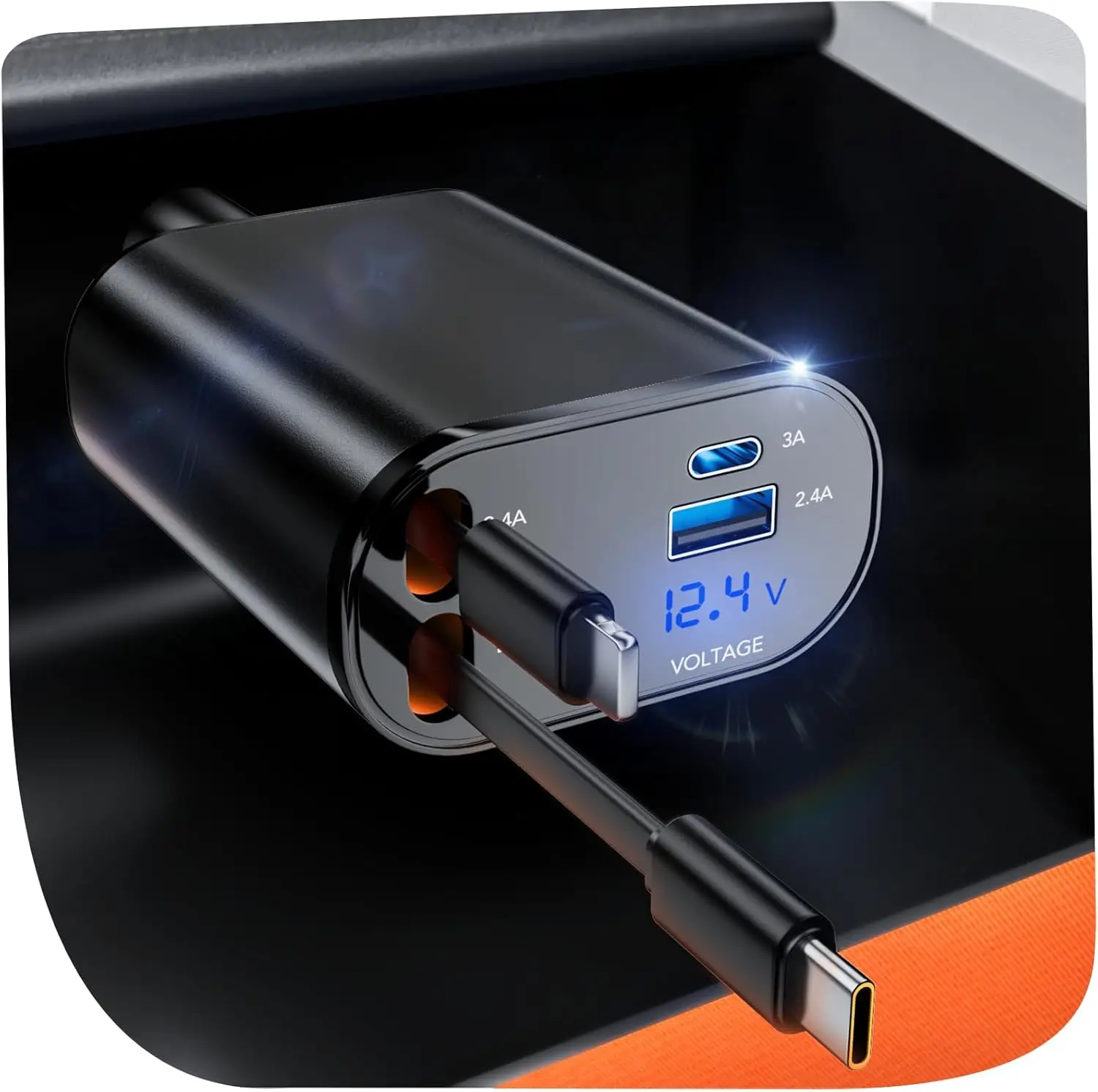 SPGUARD! Retractable Car Charger,66W Fast Charge,Support for various protocols super fast charging.2 Retractable Cables and 2 USB Ports Car Charger Ad