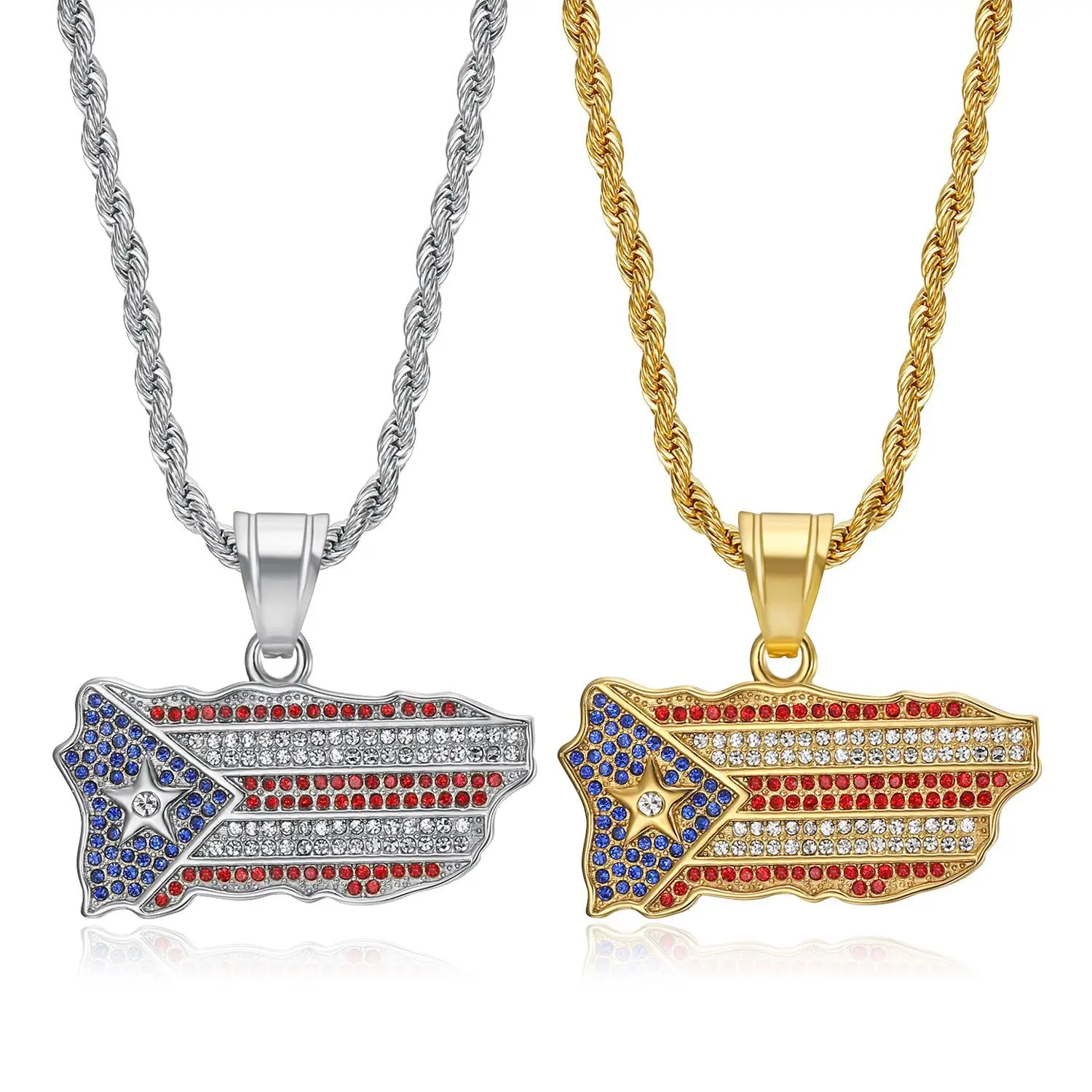 1PC Limited Edition Puerto Rico Map Pendant Necklace- Diamond Flag Design，Titanium Steel，60cm Chain Boricua Pride Jewelry