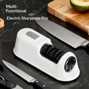 Multi-Functional Electric Knife Sharpener Pro, 3-Stage Automatic Knife Sharpening Tool for Kitchen Knives, Scissors & Pocket Knives, Fast Sharpening & Polishing, White