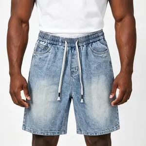 Men’s tie elastic-waist jacquard straight denim shorts; light blue denim shorts with a unique jacquard texture, washed distressed finish, casual stretch waistband with drawstring street style mid-length shorts; summer loose breathable wrinkle-resistant fa