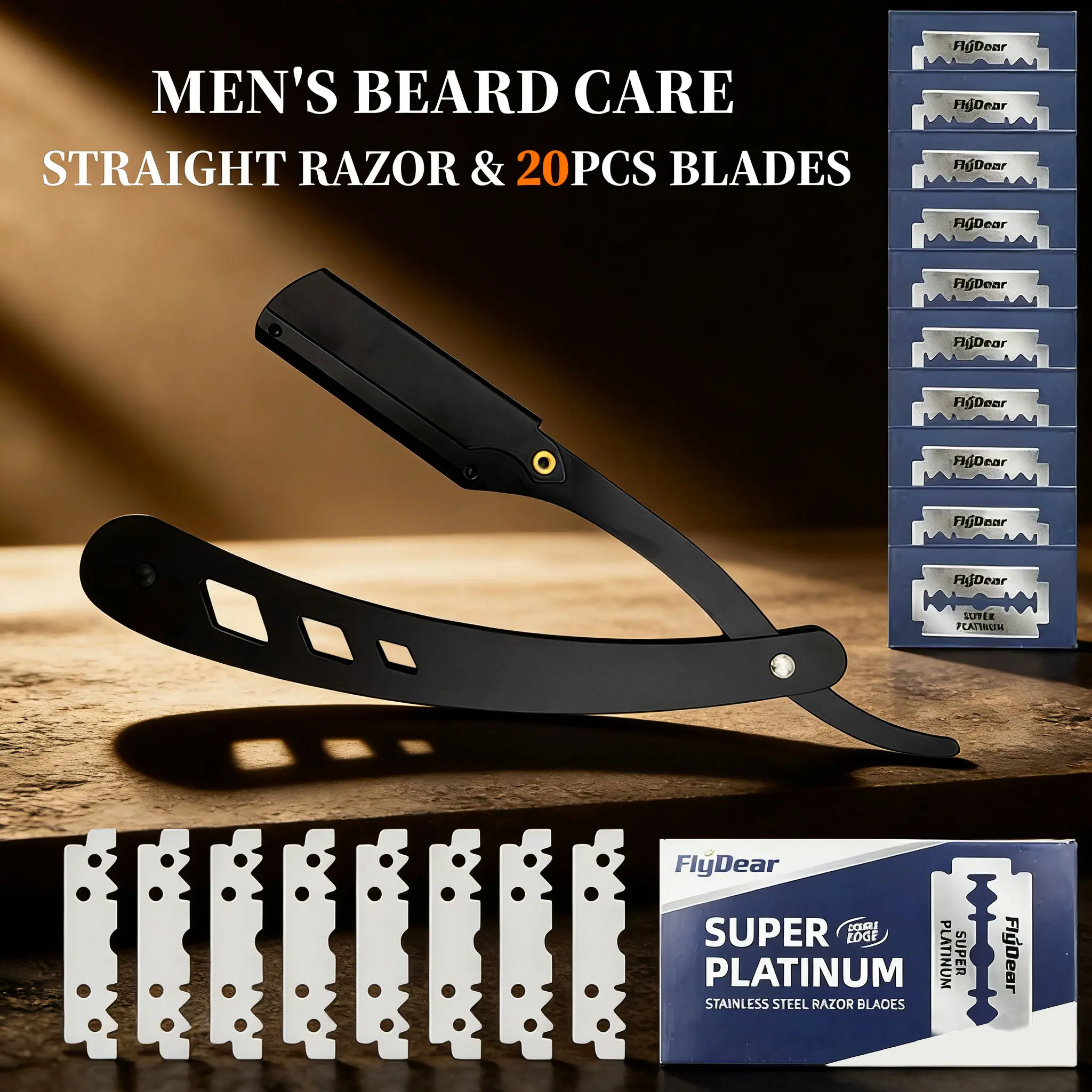 Professional Barber Razor Smooth Durable for Men Beard, Black Stainless Steel Straight Edge Manual Shaving Kit with 20 Safety Blades Included, Reusable for Clean & Close Facial Hair Grooming, Travel & Daily Use