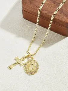 Women's Elegant Jesus Cross & Guadalupe Medal Pendant Necklace, Gothic Style 14k Christian Jewelry Gift