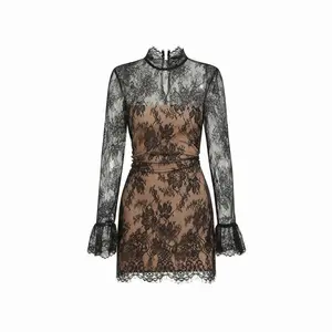 Cider Lace Stand Collar Long Sleeve Straight Mini Dress