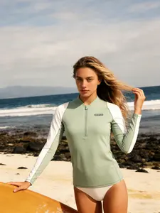 Women Half Zip Surfing Rash Guard UV Protection Quick Dry Breathable Green Body White Sleeves Stylish Swim Top Shirt Sun Protection Shirt