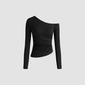 Cider [2 colors, size 2-10] Asymmetrical Neck Solid Ruched Long Sleeve Top