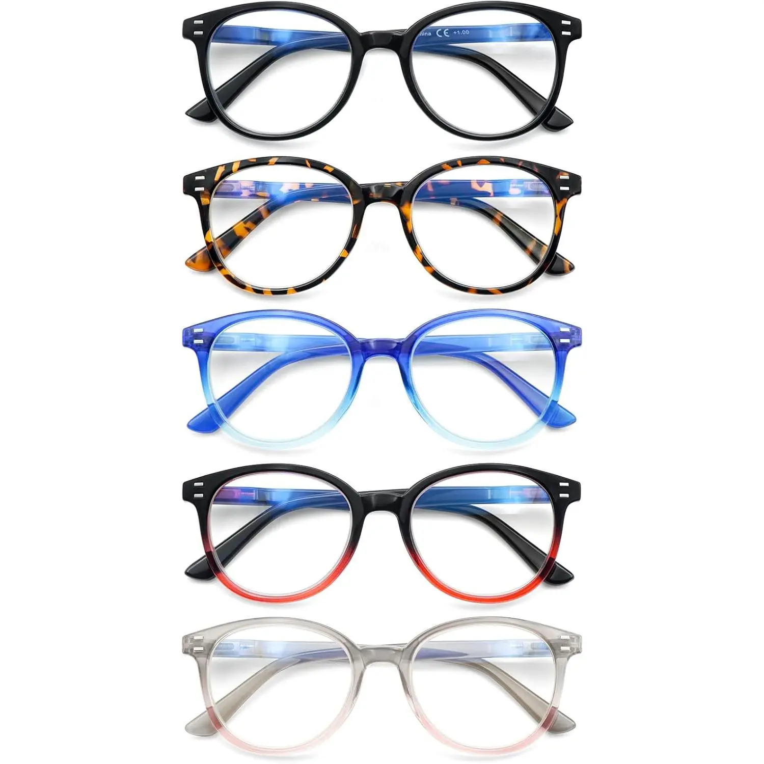 5 Pack Stylish Readers for Men & Women, Progressive Multifocal Blue Light Blocking Glasses with Anti-Glare Filter & Spring Hinges (+1.75, Multicolor), Progressive Multifocal Glasses