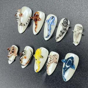 Katy Nails Ocean Animal Press-On Nails, 3D Sharks, Glossy Pearl Base, Handcrafted Summer Ocean Vibe Nail Art, Unique Aquarium-Inspired Look, Custom Gifts for Her
