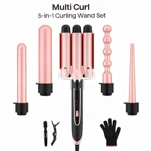 Heikki Vision 5 in 1 Curling Iron Set with 4 Interchangeable Ceramic Fast Heat, Wand Hair Crimper, Dual Voltage Hair Waver with Protective Glove & 2 Clips