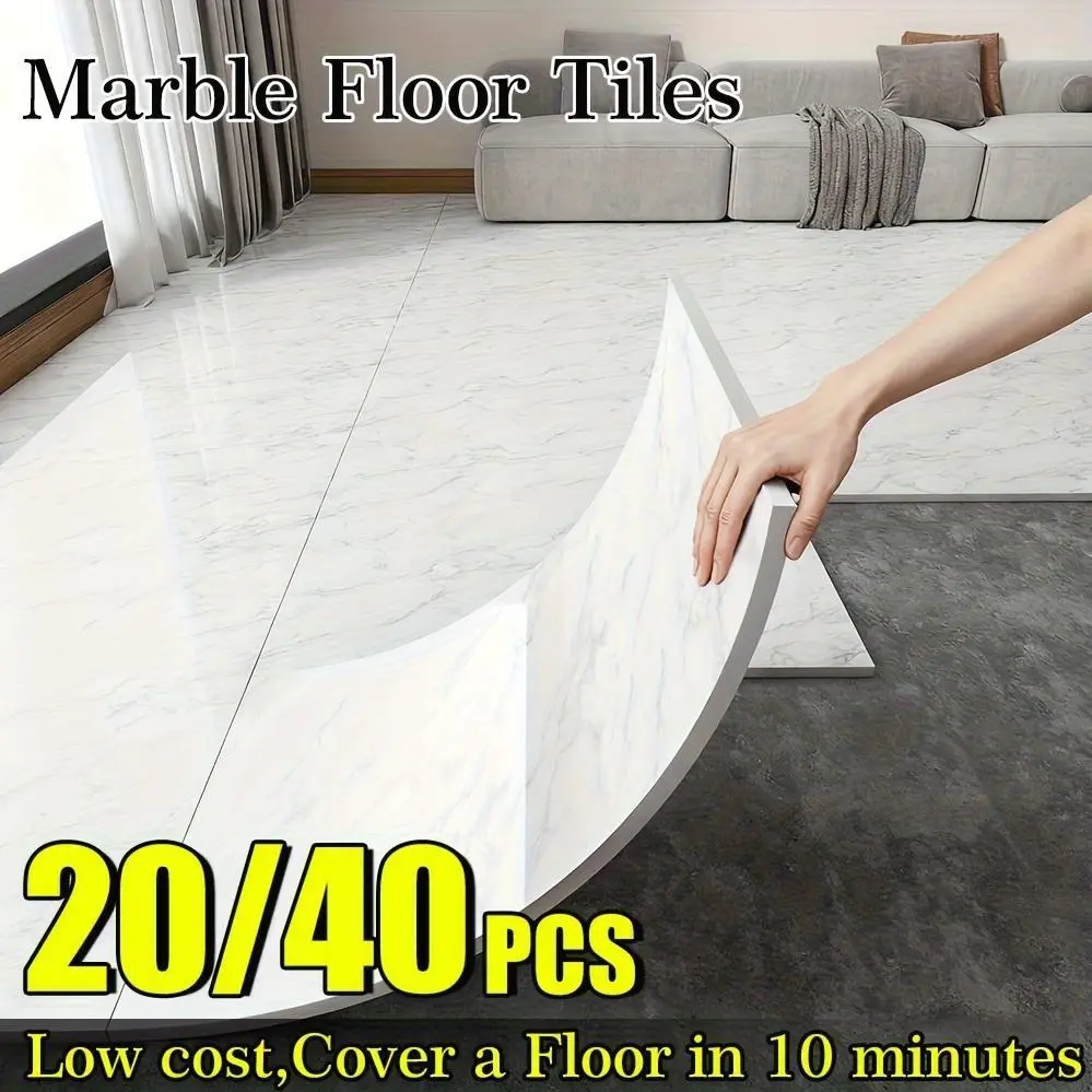 20/40pcs Glossy Marble Floor Stickers Wall Tiles - Self-Adhesive Waterproof Removable Vinyl Panels, Peel And Stick Luxury Marble Design in White/Black/Grey/Beige, Easy to Clean And Maintain for Bathroom, Kitchen, Living Room, Bedroom Renovation
