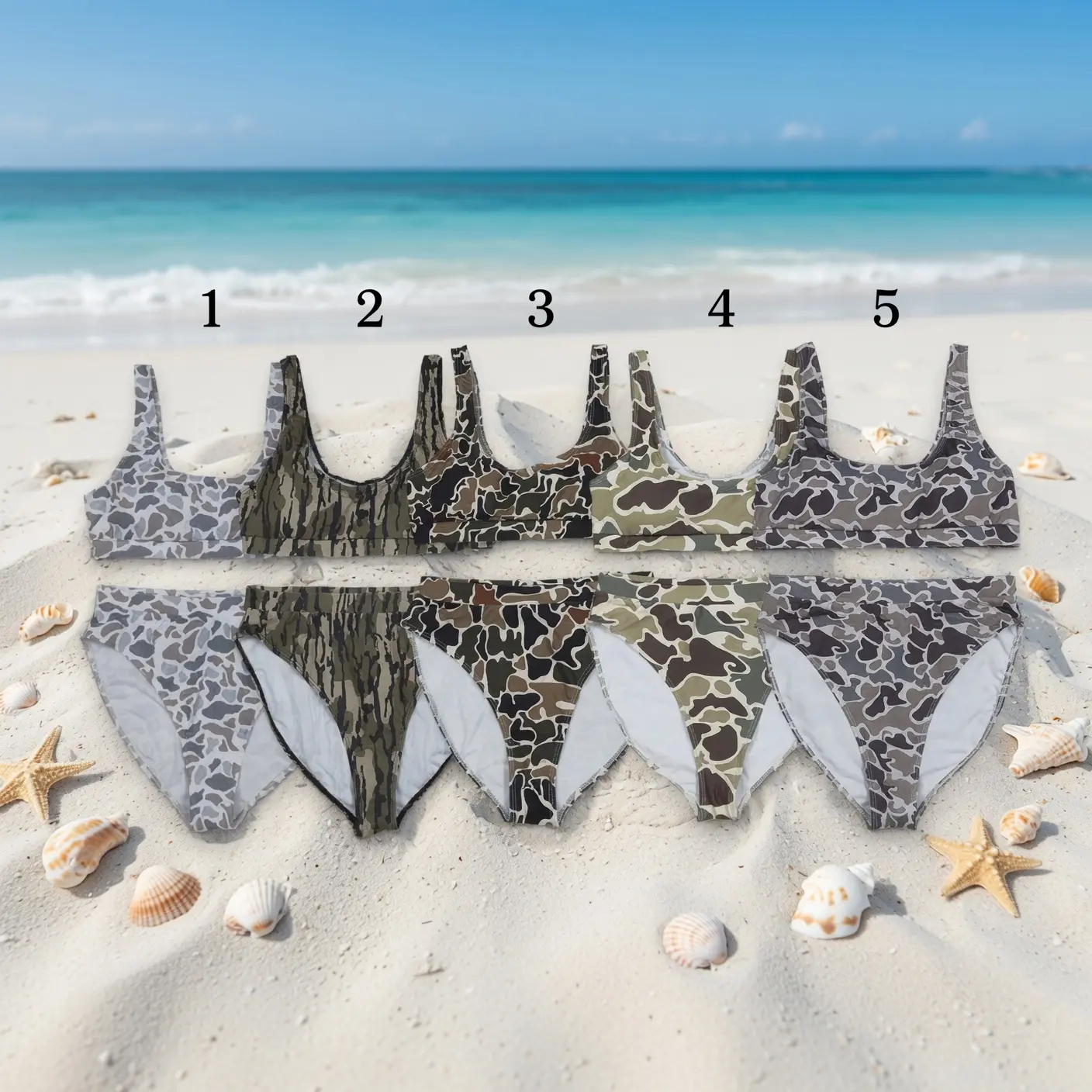Camo Bikini Set, 5 Color Duck Camo Two Piece Swimsuit, Sporty Bralette Bikini Top & High Cut Bottom, Summer Beach Vacation Swimwear for Women