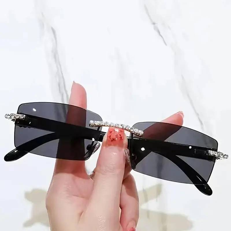 Summer Square Rhinestone Design Frame Sunglasses, New Personality Travel Accessories for Women & Men, Lightweight Durable Protection Glasses for Daily Use, Modern Trendy Sunglasses
