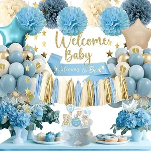 Dusty Blue Baby Shower Decorations, Baby Shower Decorations Set with Welcome Baby Banner, Cake Topper, Paper Pom Poms, Tassels, Sash for Baby Shower Gender Reveal Party Supplies