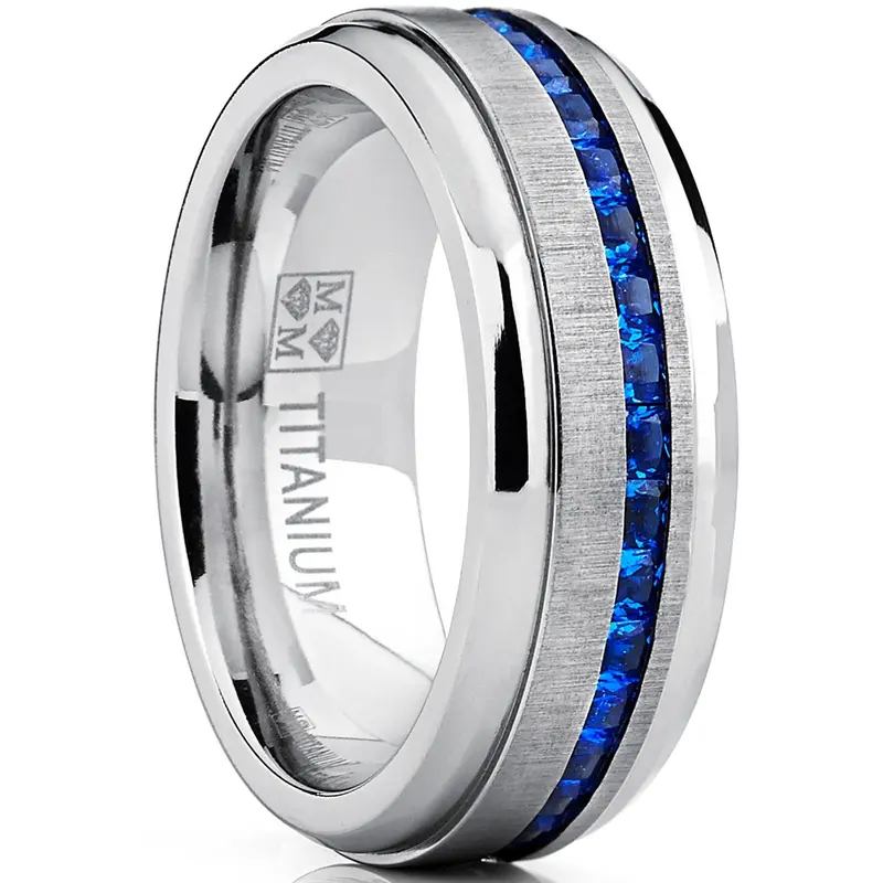 Men's Modern 2.4Ct Princess Cut Blue Sapphire Titanium Wedding Band - 8MM, Brushed Top, Scratch Resistant, Cubic-Zirconia, Channel Design, Male Fashion Accessory, Gifts for Boyfriends, Complimentary Jewelry Ring Gift Box