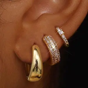 3 Pairs 14K Gold Filled Small Chunky Hoop Earrings Set, Non-Tarnish & Hypoallergenic Huggie Earring Stacks for Sensitive Ears, Waterproof Lightweight Multiple Piercing Jewelry, Trending Gift for Her