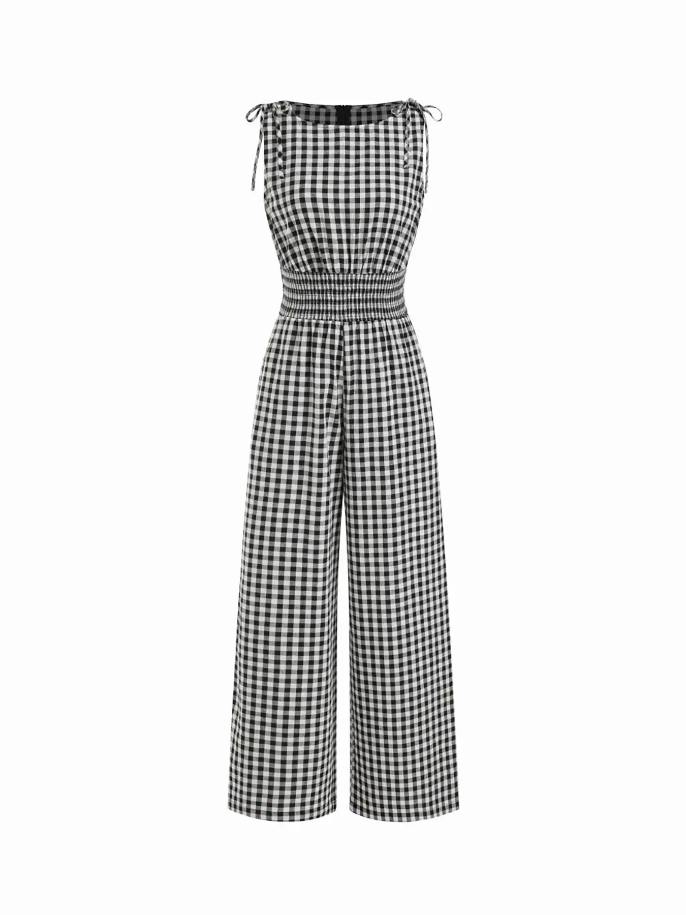 Women's Woven Plaid Gingham Overalls Jumpsuit, Adjustable Tie Shoulder Strap, Smocked Elastic Waist, Back Zipper Closure, Wide Leg Culotte, Daily Casual Commute Vacation Wear, Breathable Lightweight Soft, Minimalist Casual Retro Style