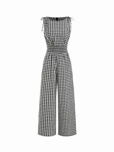 Women's Woven Gingham Jumpsuit, Tie Shoulder Strap, Smocked Elastic Waist, Back Zipper Closure, Wide Leg Culotte, Daily Casual Commute Vacation Wear, Breathable Lightweight Soft, Minimalist Casual Retro Style