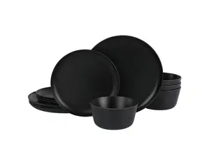 Gibson Home Fairhope 12 Piece Melamine Round Dinnerware Set in Matte Black