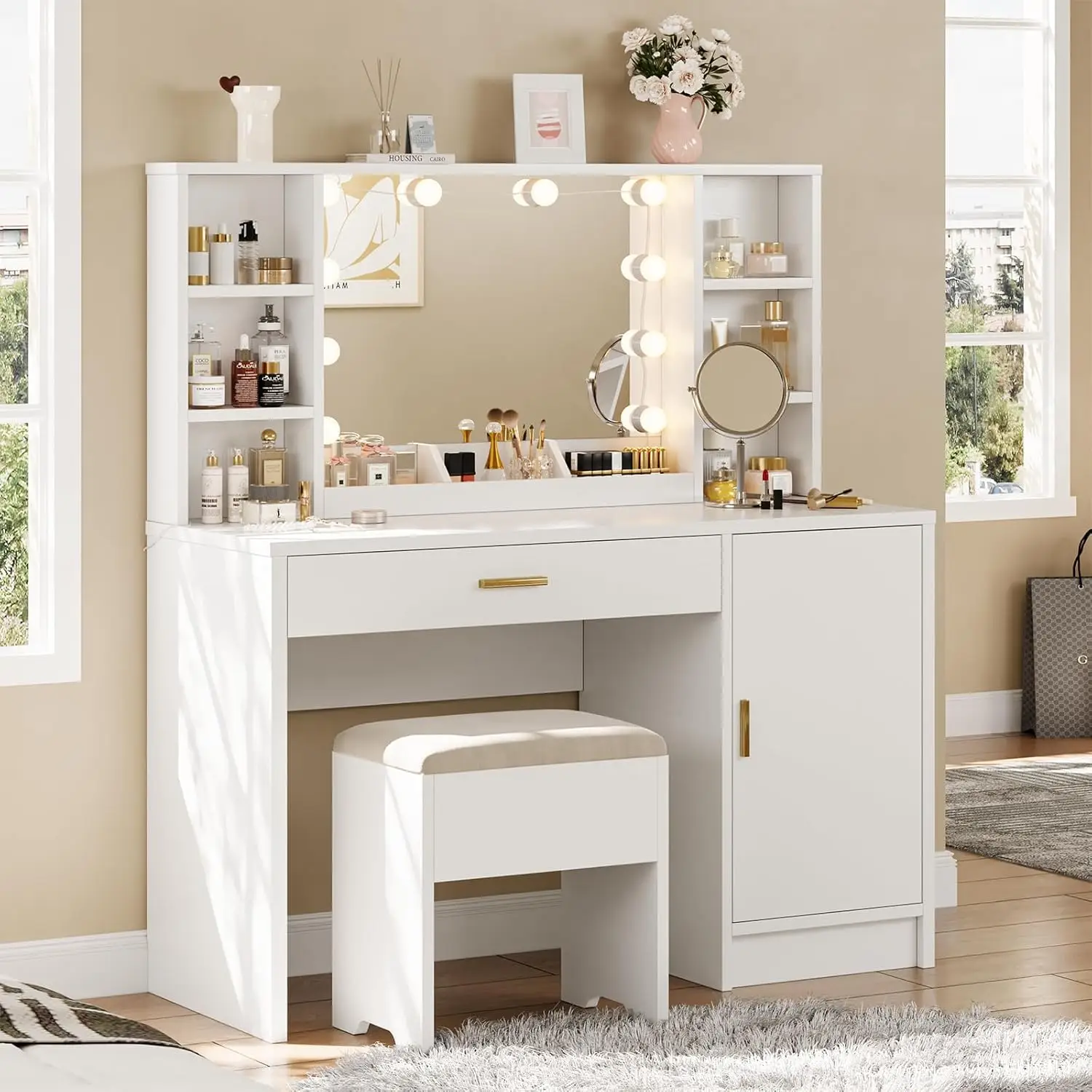 HOMBCK Vanity Desk with Mirror and Lights, 43'', Multiple Shelves & Large Cabinet, 3 Color Lighting Modes, Makeup Table with Soft Cushioned Stool