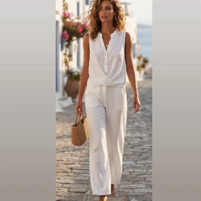 Linen 2 Piece Set Sleeveless Button Down Top with Knot Detail & Wide Leg Barrel Pants 100% Linen One Size Fits Small to Large Womenswear Clothes
