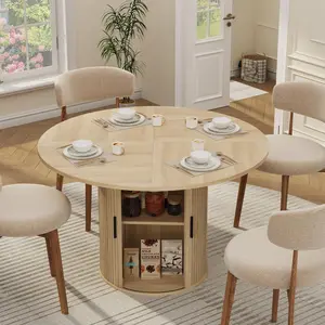 Garvee Modern Farmhouse 47-Inch Round Dining Table for 4-6 – 2-Layer Storage Shelf – Sliding Wood Door – Space-Saving Kitchen & Dining Room Table – Natural Wood Color