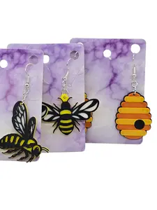 Bee Earrings 3D Printed Hypoallergenic Lightweight Bee and Honeycomb Designs on Purple Marble Background