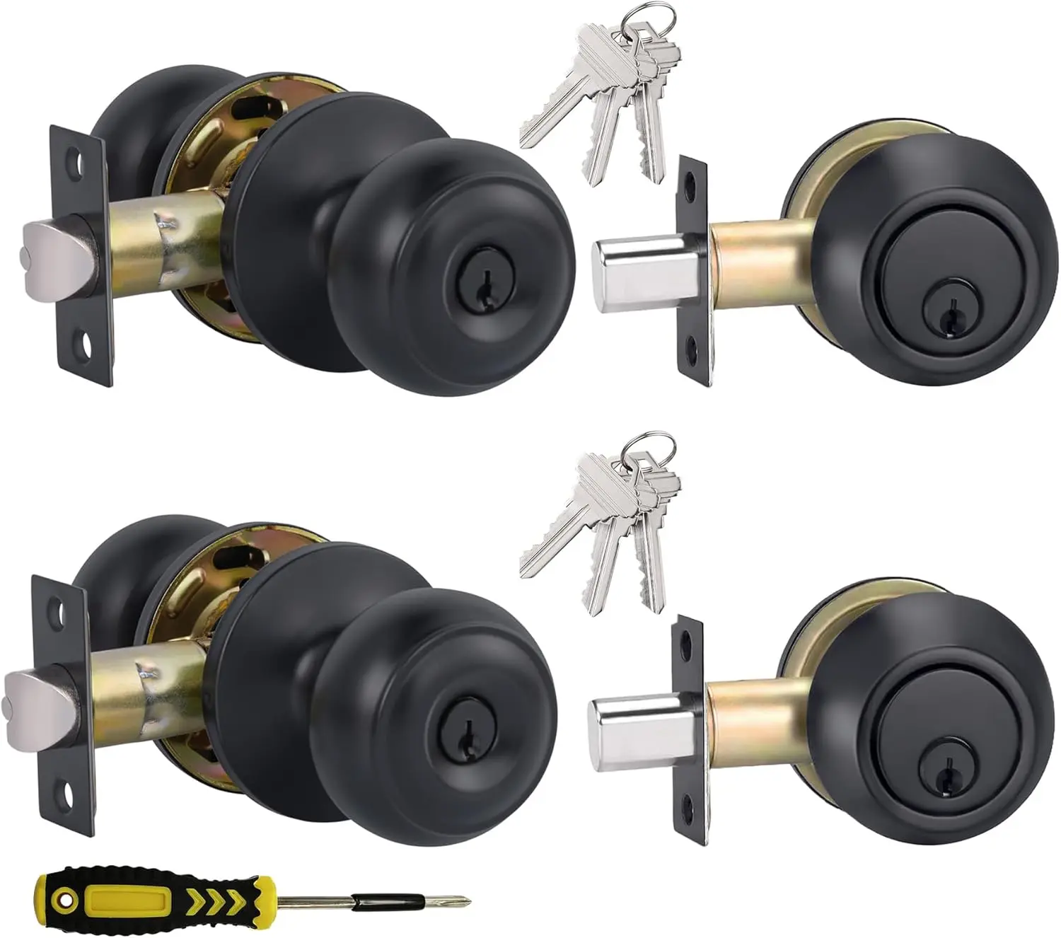 2 Sets All Keyed Alike Entry Door Knobs and Single Cylinder Deadbolt Lock Combo Set,  for Entrance and Front Door with Classic Flat Ball Matte Black Finish by
