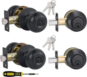 2 Sets All Keyed Alike Entry Door Knobs and Single Cylinder Deadbolt Lock Combo Set,  for Entrance and Front Door with Classic Flat Ball Matte Black Finish by