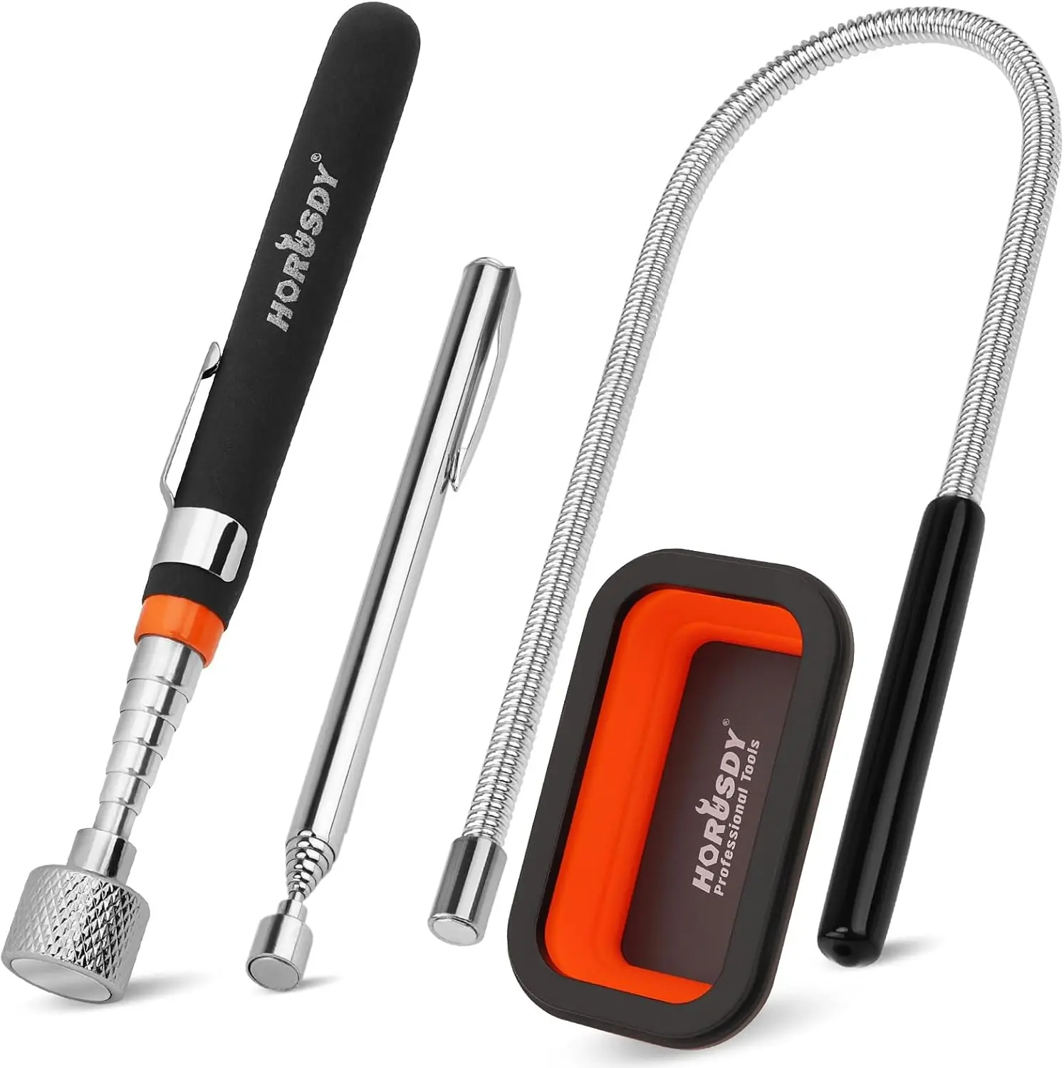 HORUSDY 4 - PIECE Magnetic Pickup Tools Kit | Extendable Telescoping Magnet Pick Up Tool Set 7-30.5” & 5-25” | Bend-It Flexible Magnetic Sweeper | Collapsible Parts Tray for Garage Workshop Yard