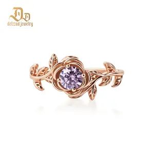 Delzzad Twilight Flora Ring Amethyst Solitaire Engagement Ring Vintage Rose Promise Ring Band Ring Zirconia Ring Jewelry S925 Band Perfect Birthday Anniversary Wedding Christmas Valentine's Day Mother's Day Gift